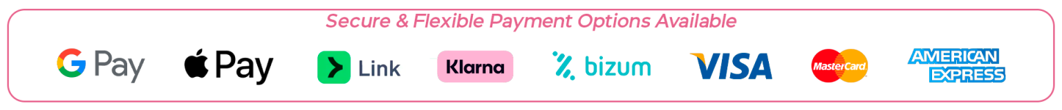 Secure payment methods including Google Pay, Apple Pay, Klarna, Visa, Mastercard and American Express